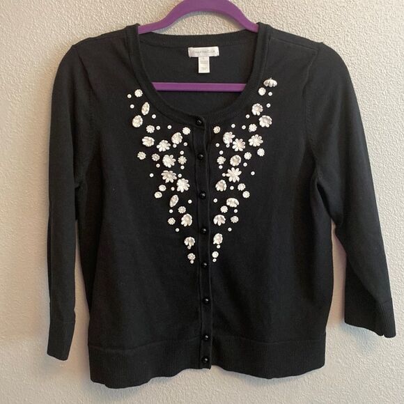 Black cardigan with white flower detail- Size Large - Picture 1 of 6